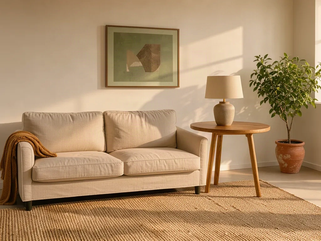 Même pièce mise en scène avec un canapé en lin, un plaid ocre et une plante