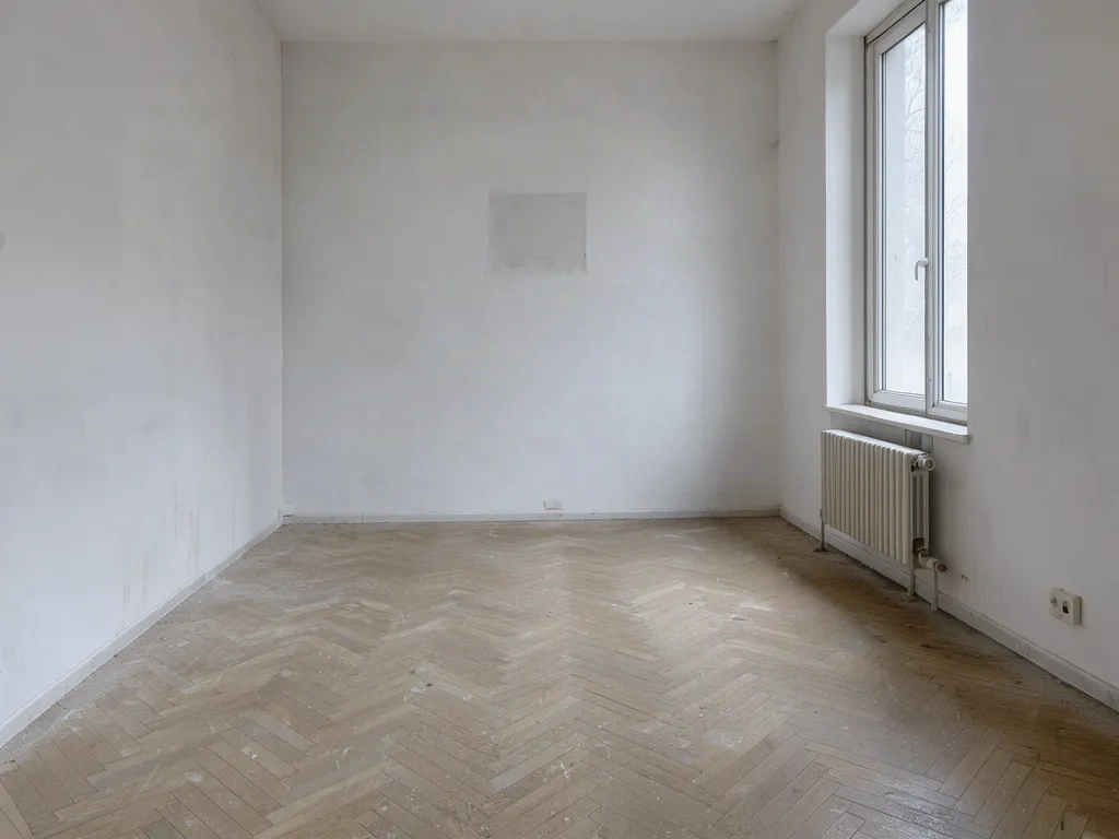 Pièce vide et dépersonnalisée, parquet poussiéreux et mur nu