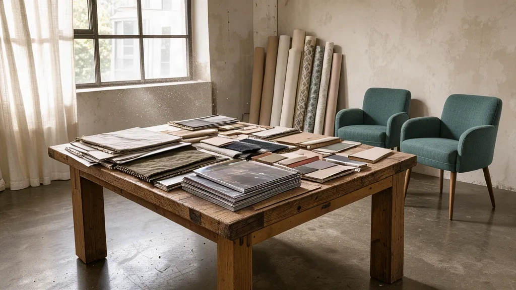 Atelier de style : grande table en chêne, échantillons de tissus, cartes de peinture et rouleaux de papier peint