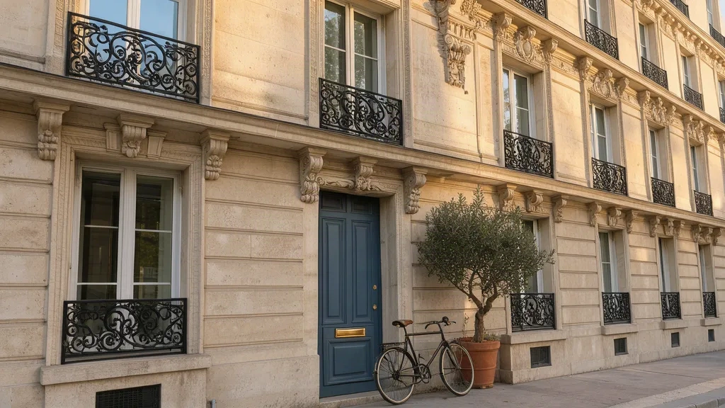 Façade haussmannienne en pierre de taille, porte bleu gris et bicyclette
