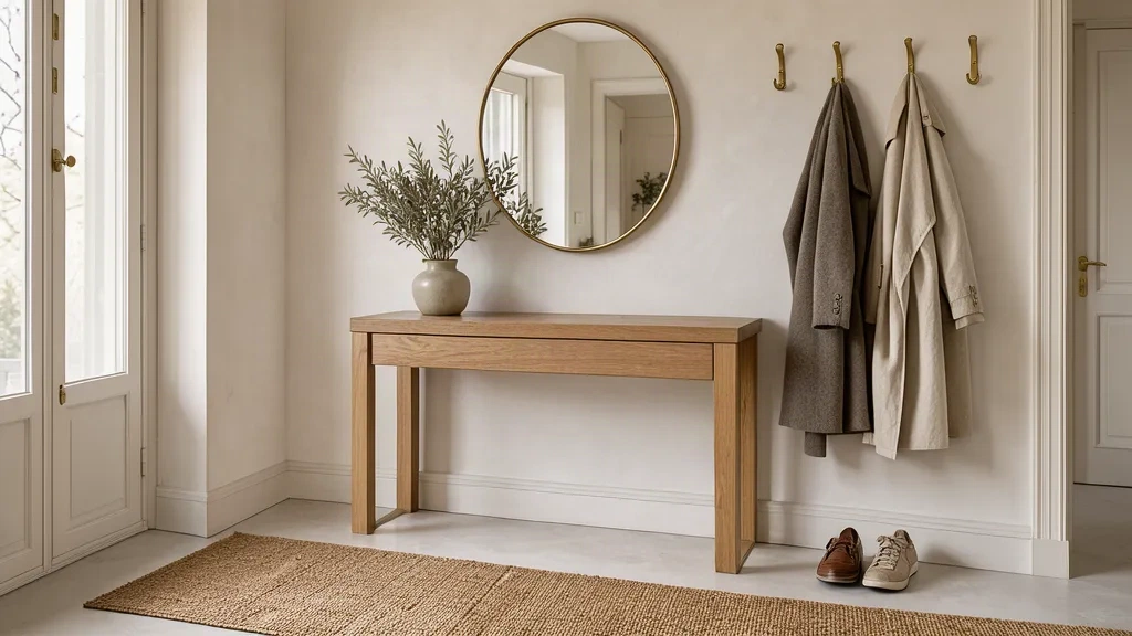 Entrée d'appartement mis en scène, console en chêne et miroir rond