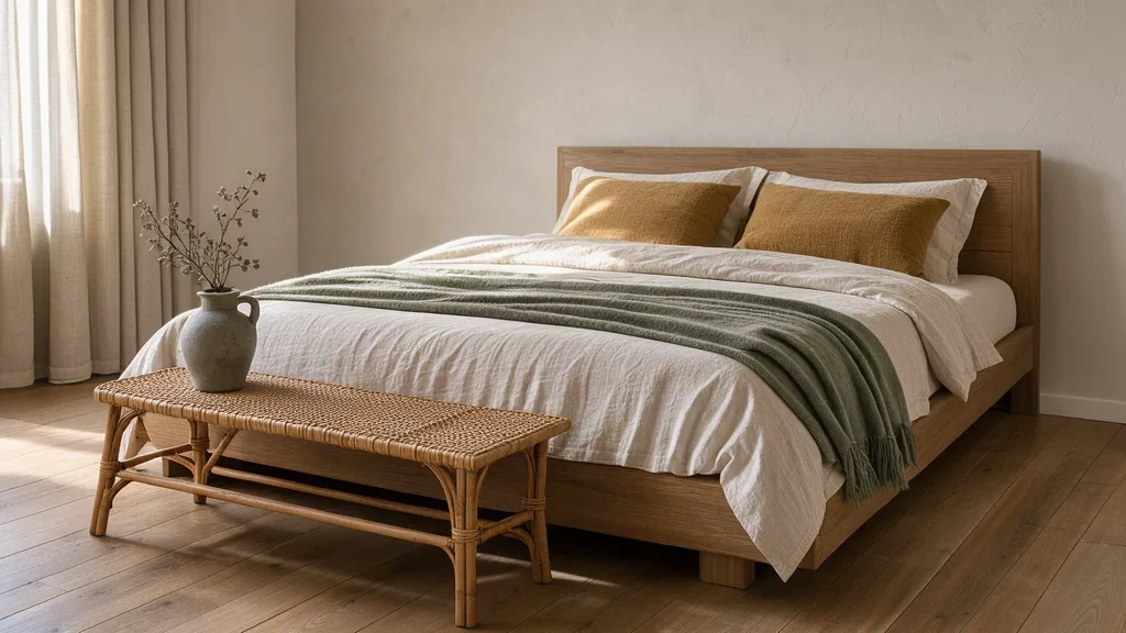 Chambre mise en scène, lit en chêne, linge de lit lavé et plaid vert sauge