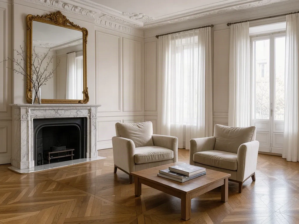 Appartement haussmannien mis en scène, parquet en Versailles et cheminée en marbre