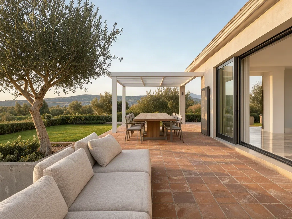 Terrasse d'une villa contemporaine, canapé d'appoint en lin et table sous pergola