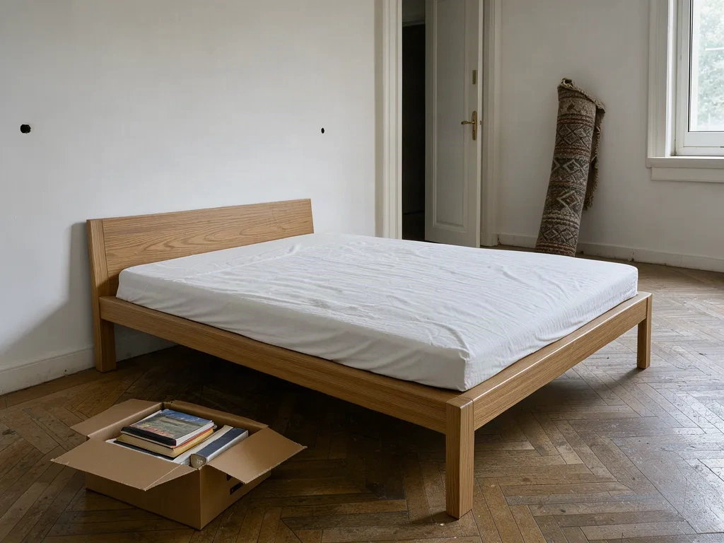 Chambre vidée de ses affaires, matelas nu et carton de livres au sol