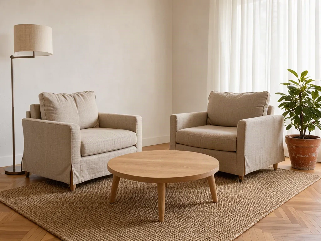 Salon avec deux fauteuils en lin, table basse en chêne et tapis de jute