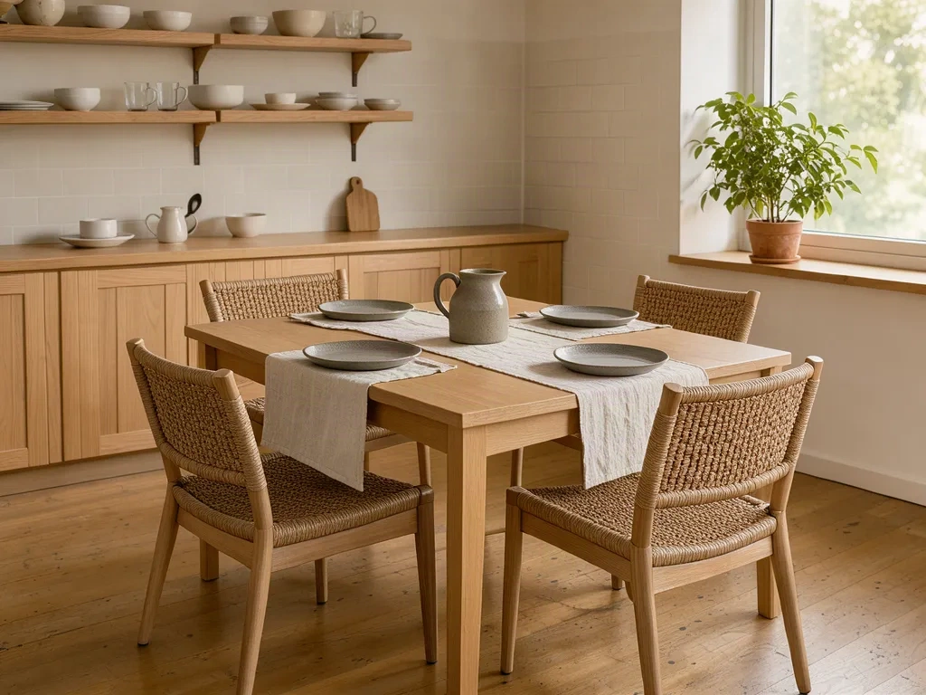 Cuisine meublée pour une location, table en chêne etVaisselle en grès